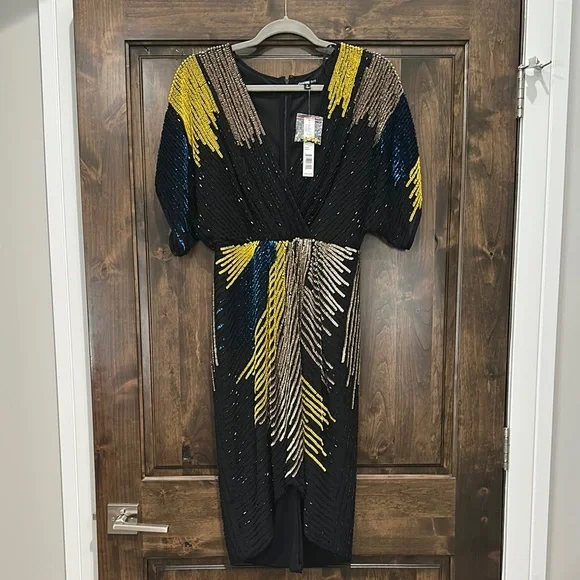 Gianni Bini Black and Yellow Pleated Tiered Midi Dress - Picture 2 of 5